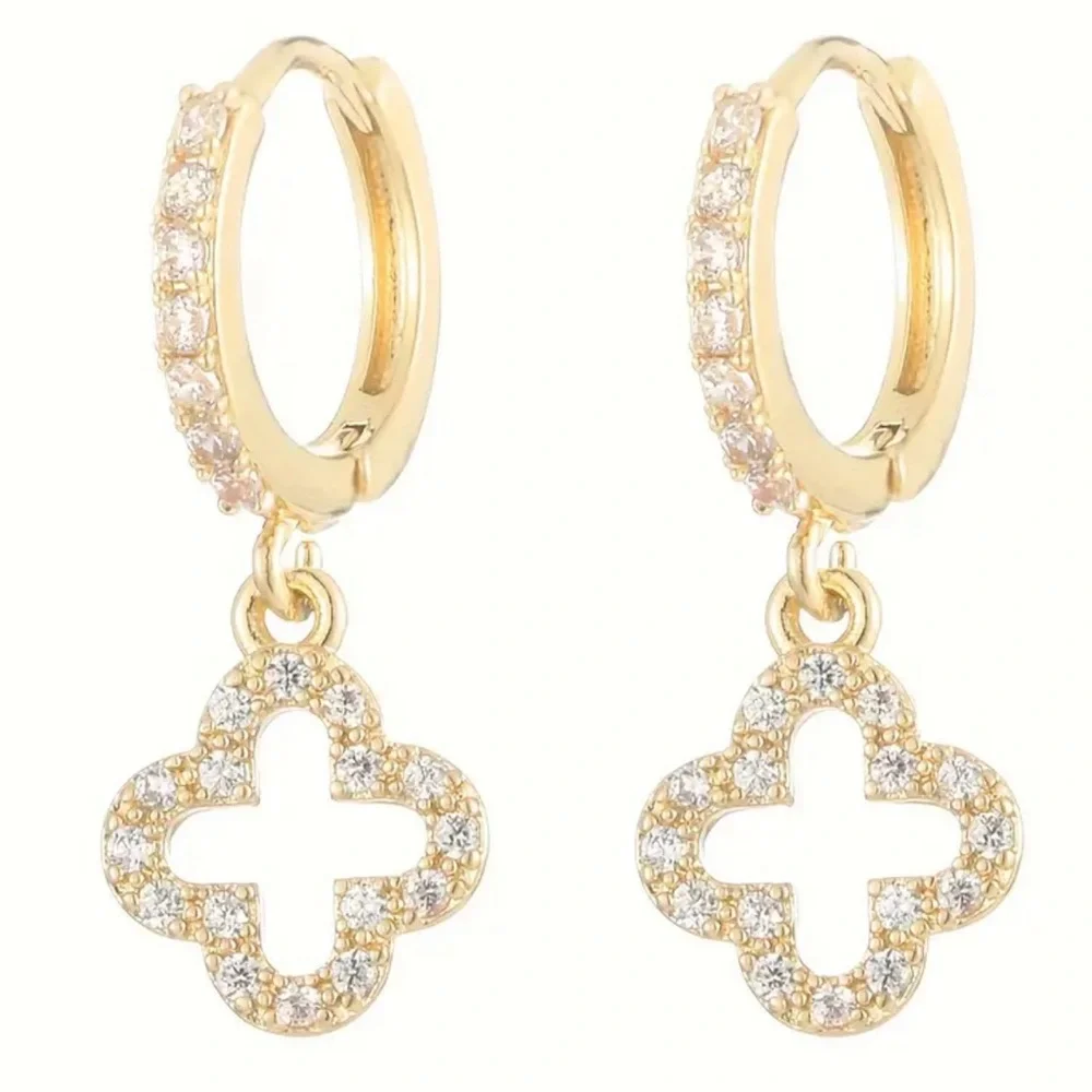 NEW SHINY 14k Gold Diamond Bright Lucky Clover Drop & Dangle Luxury Earrings